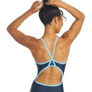 NWT Sporti Blue on Blue sz 36 Solid Piped Thin Strap One Piece Swimsuit